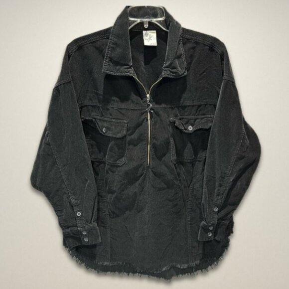 Offline‎ by Aerie Shacket Corduroy Long Sleeve Half-Zip Distressed Hem Black W L - Picture 1 of 6
